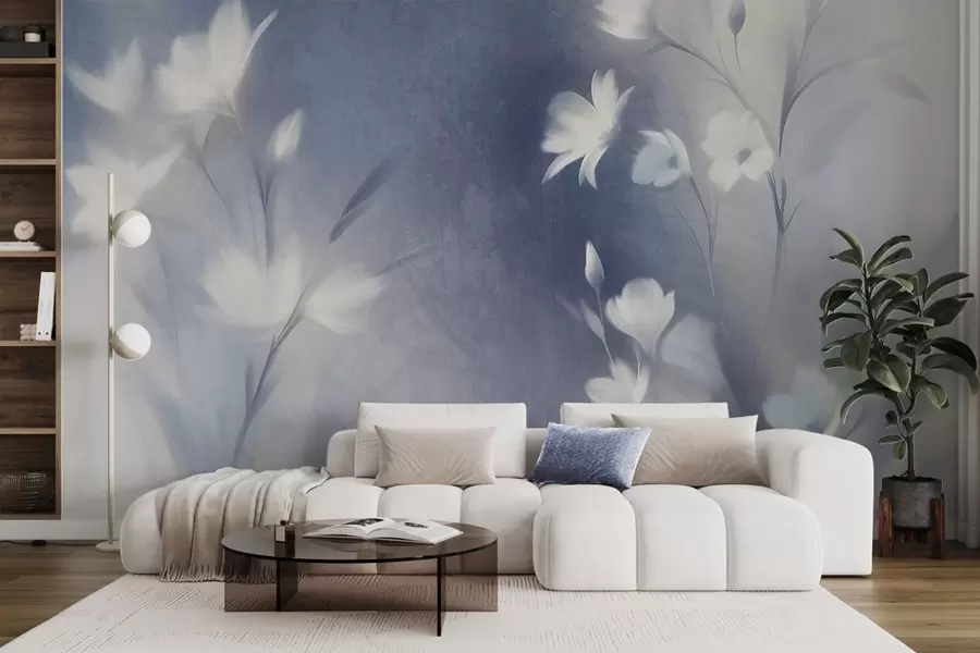 wall murals Бели текстурирани цветови са дугим стабљикама, меки пупољци на замућеној позадини плавих и белих нијанси w09484