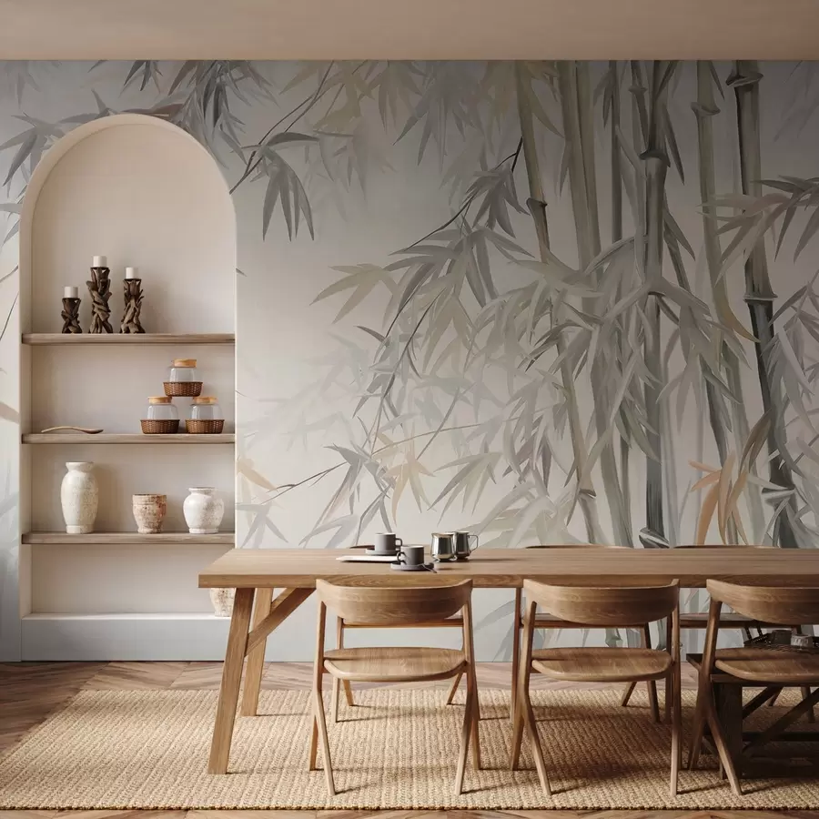 wall murals Текстуриране стабљике и листови бамбуса у мекој, пригушеној палети боја сиве, беле и кремасте, минималистичка композиција w09485