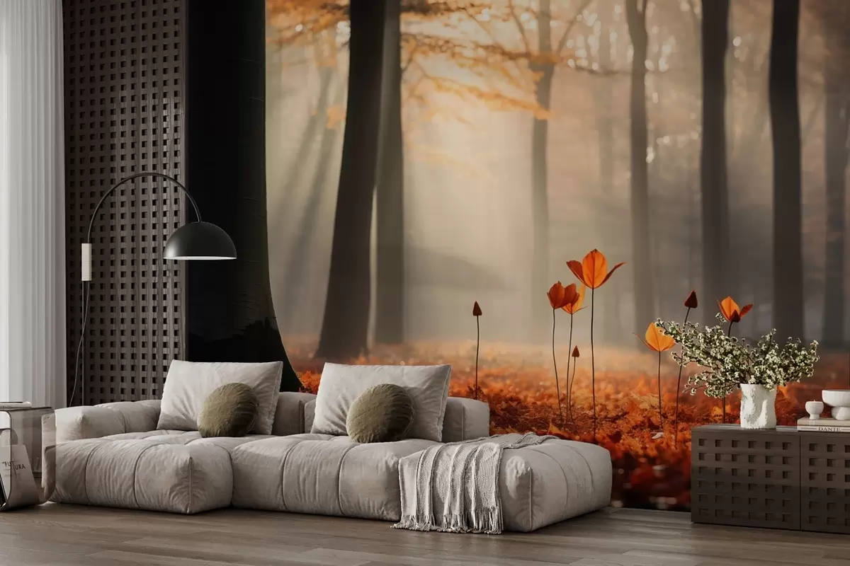 wall murals Јесења шума са сунчевим зрацима и светлим лишћем w04710