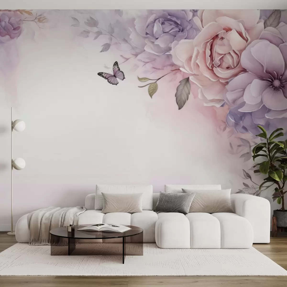 wall murals Нежно ружичасто и јоргованско цвеће са лептиром w04711