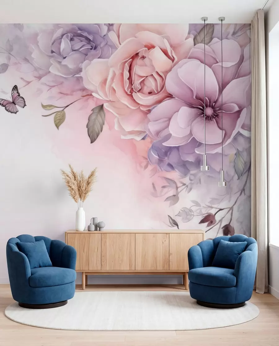 wall murals Leptiri i ružičasti cvjetovi w04711