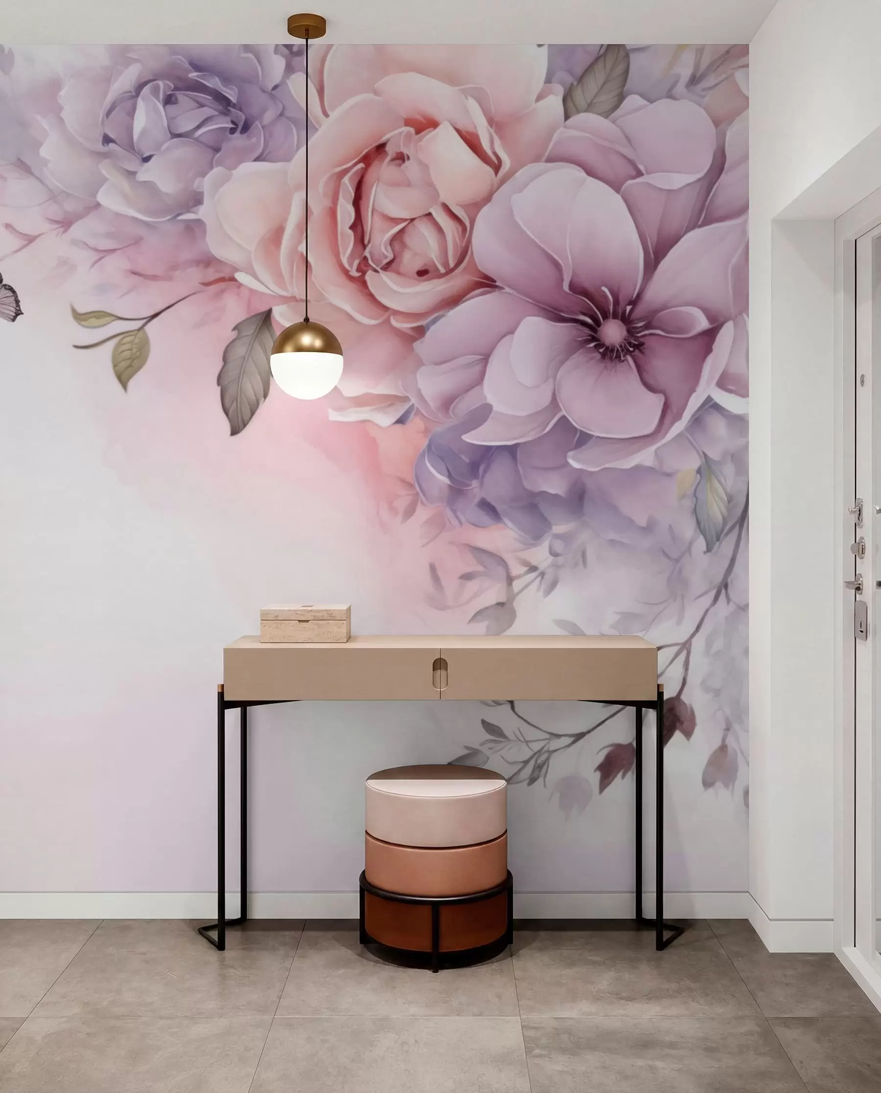 wall murals Нежно ружичасто и јоргованско цвеће са лептиром w04711
