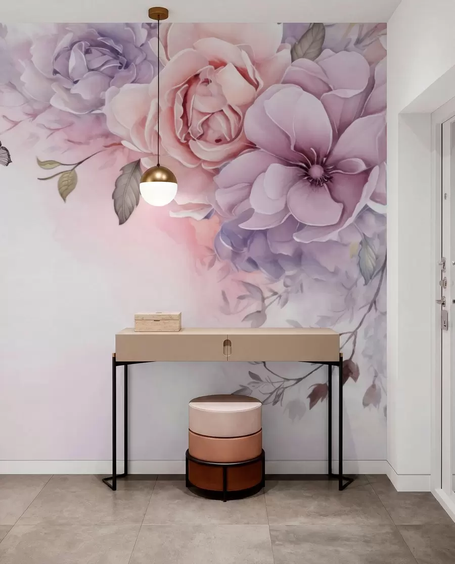 wall murals Нежно ружичасто и јоргованско цвеће са лептиром w04711