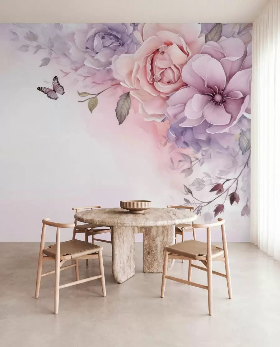 wall murals Нежно ружичасто и јоргованско цвеће са лептиром w04711