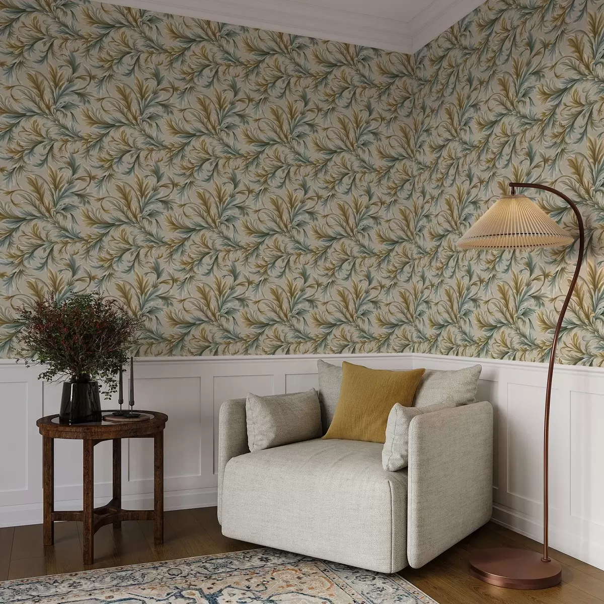 Позадина Волуменозни листови у пастелним нијансама зелене и беж боје a00674