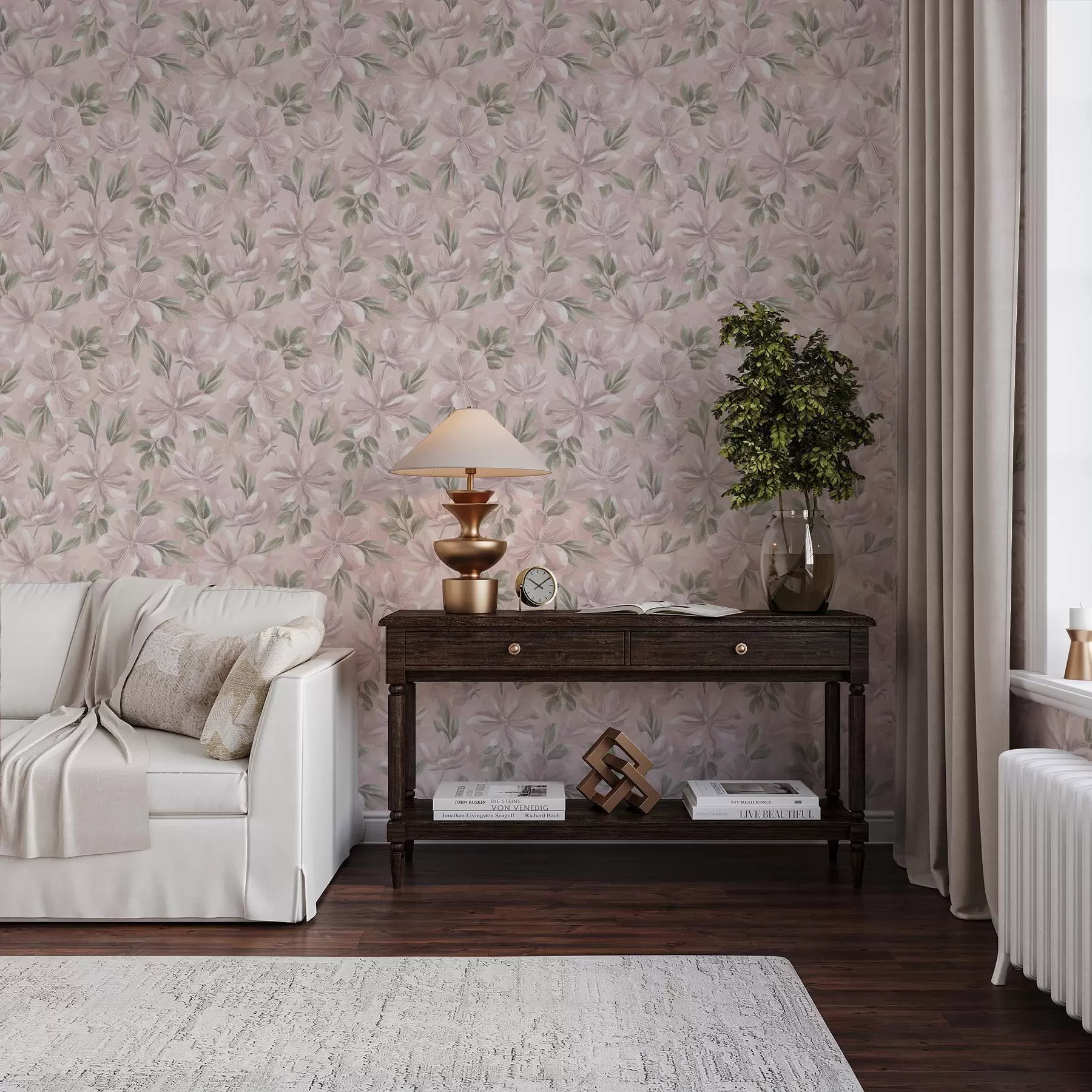 wall murals Ружичасти цветови са нежним листовима на мекој позадини a00675