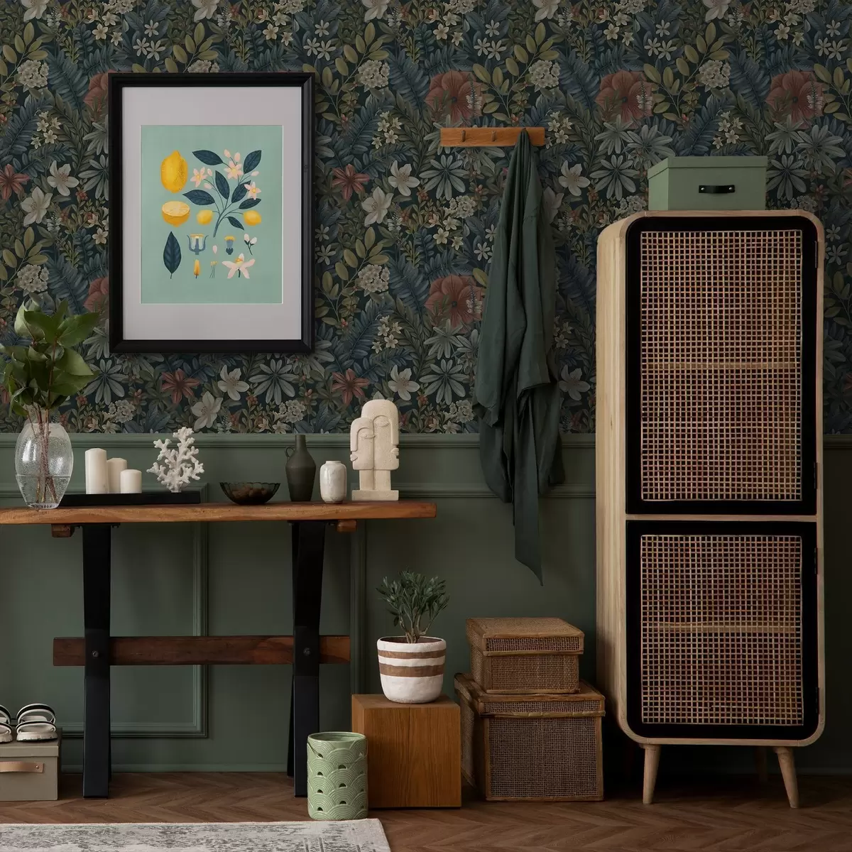 Позадина Тамна позадина са густим цвећем и лишћем у топлим тоновима a00678