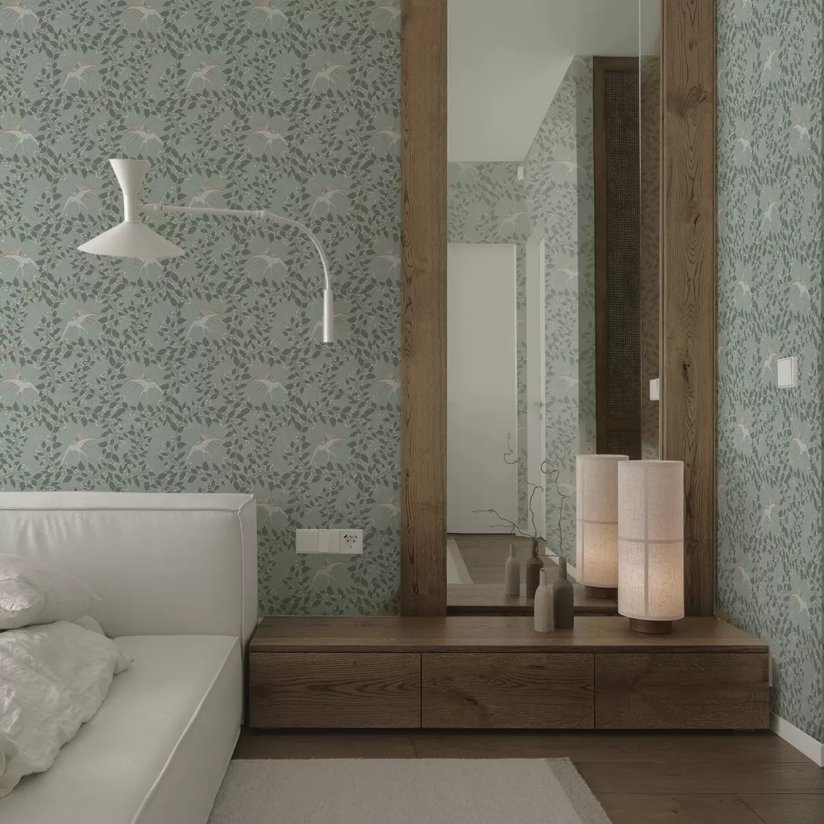 Позадина Гране са белим бобицама и птицама на зеленој позадини a00731