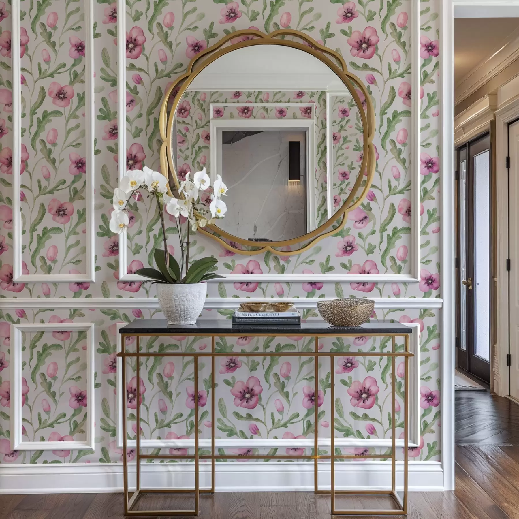 wall murals Нежни ружичасти макови са листовима у техници акварела a00830