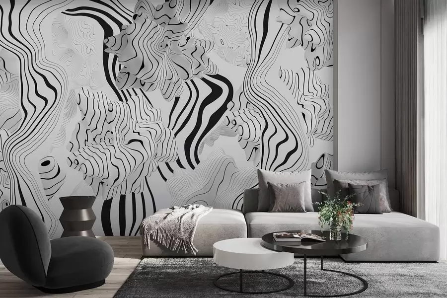 wall murals апстрактни органски облици у 3Д стилу у белим и сивим тоновима са црним пругама w04627