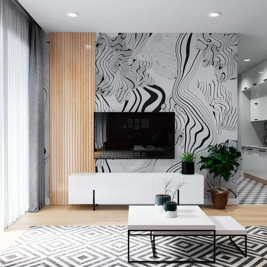 wall murals апстрактни органски облици у 3Д стилу у белим и сивим тоновима са црним пругама w04627