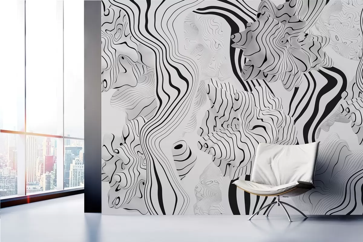 wall murals апстрактни органски облици у 3Д стилу у белим и сивим тоновима са црним пругама w04627