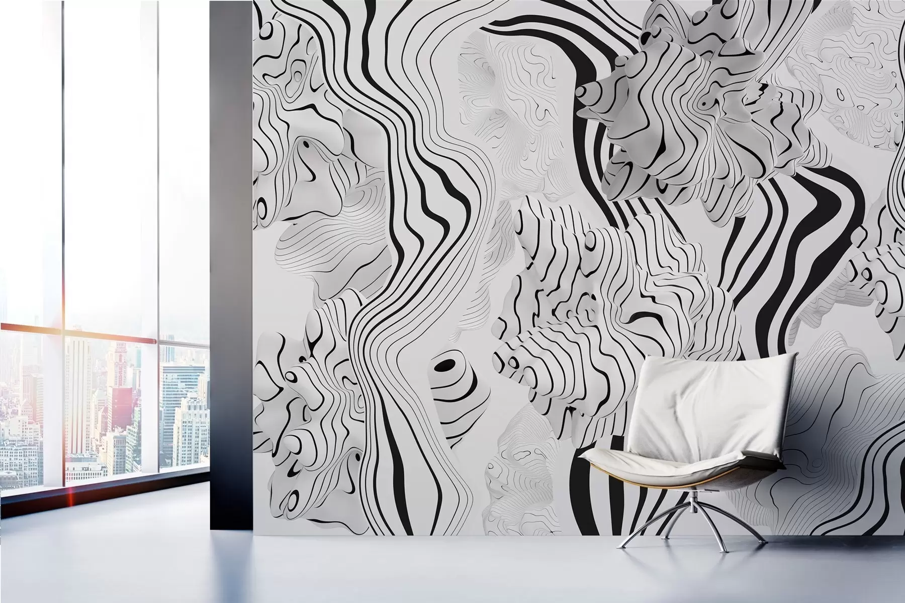 wall murals апстрактни органски облици у 3Д стилу у белим и сивим тоновима са црним пругама w04627