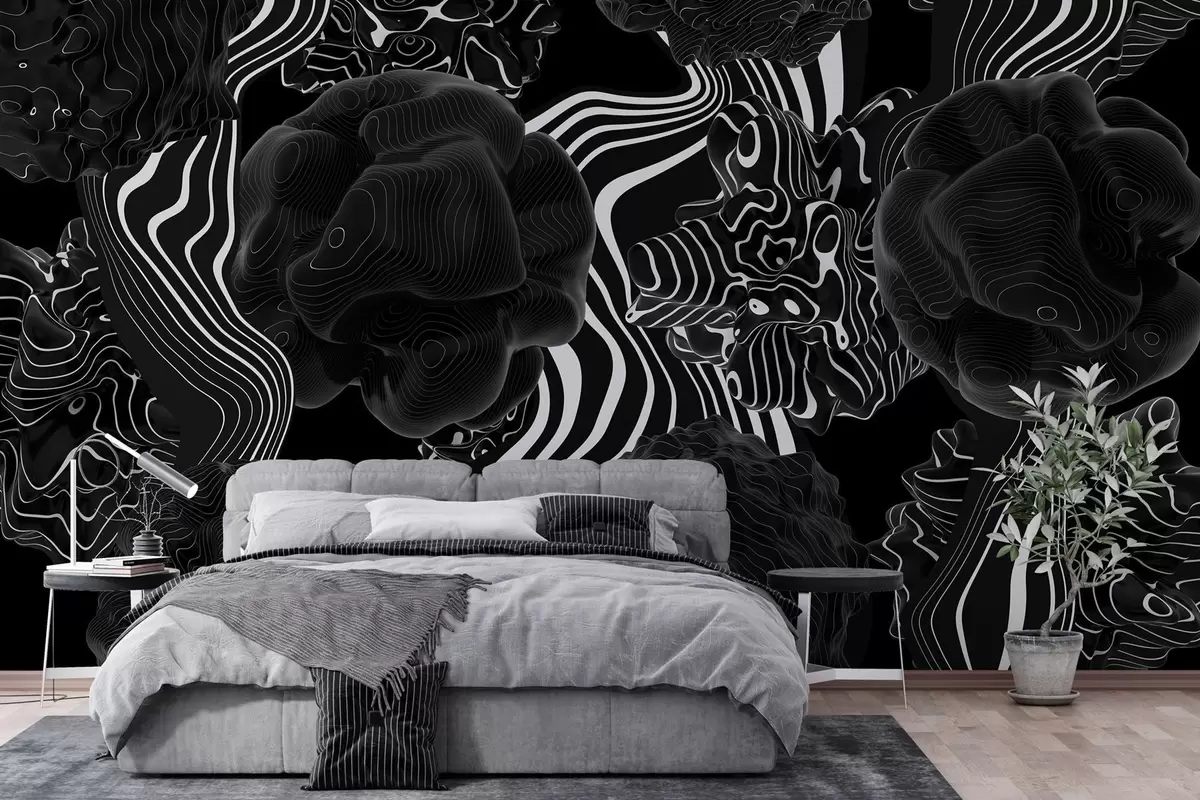 wall murals апстрактни органски облици у 3Д стилу у црним тоновима са белим пругама w04628