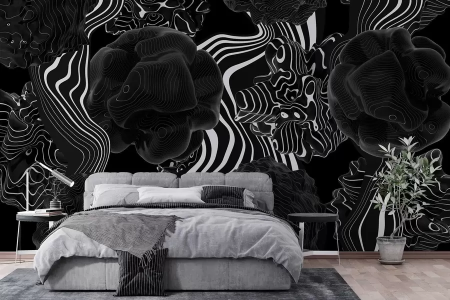 wall murals апстрактни органски облици у 3Д стилу у црним тоновима са белим пругама w04628