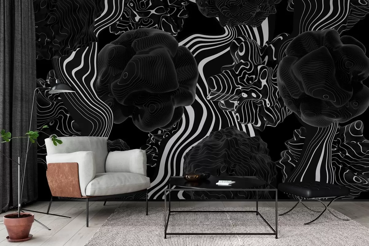 wall murals апстрактни органски облици у 3Д стилу у црним тоновима са белим пругама w04628