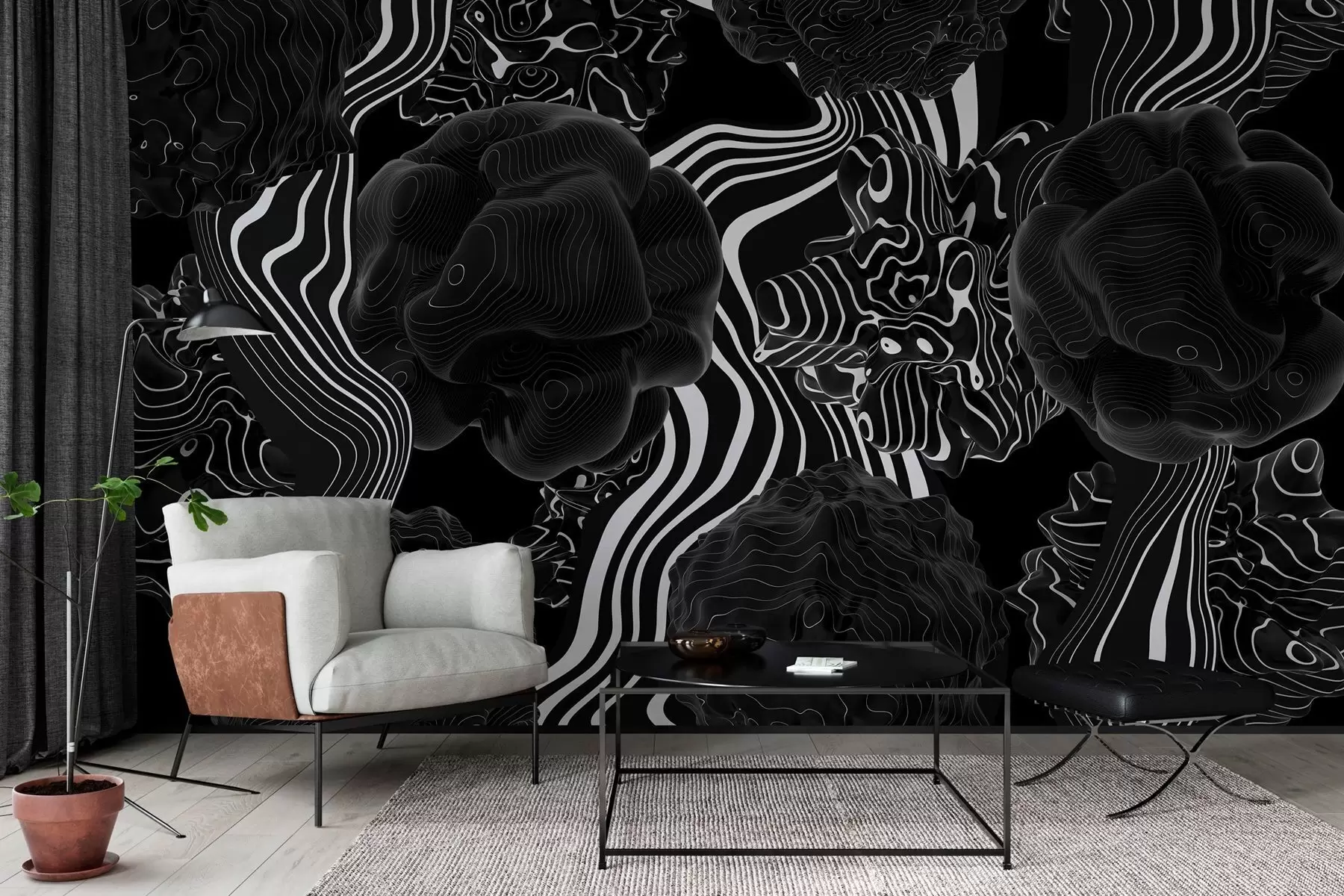 wall murals апстрактни органски облици у 3Д стилу у црним тоновима са белим пругама w04628