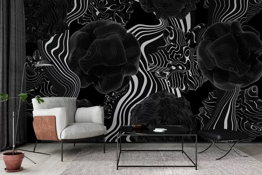 wall murals апстрактни органски облици у 3Д стилу у црним тоновима са белим пругама w04628