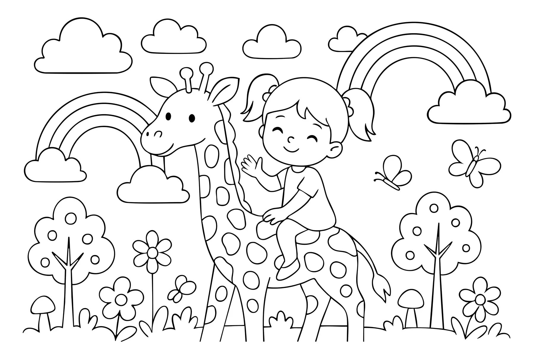 wall murals Црно-бели цртеж девојчице на жирафи у стилу дечје бојанке w04753