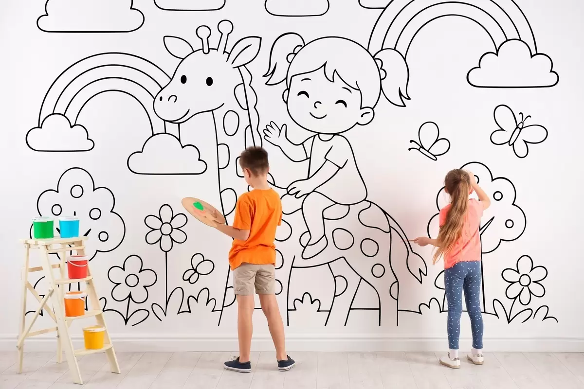 wall murals Црно-бели цртеж девојчице на жирафи у стилу дечје бојанке w04753