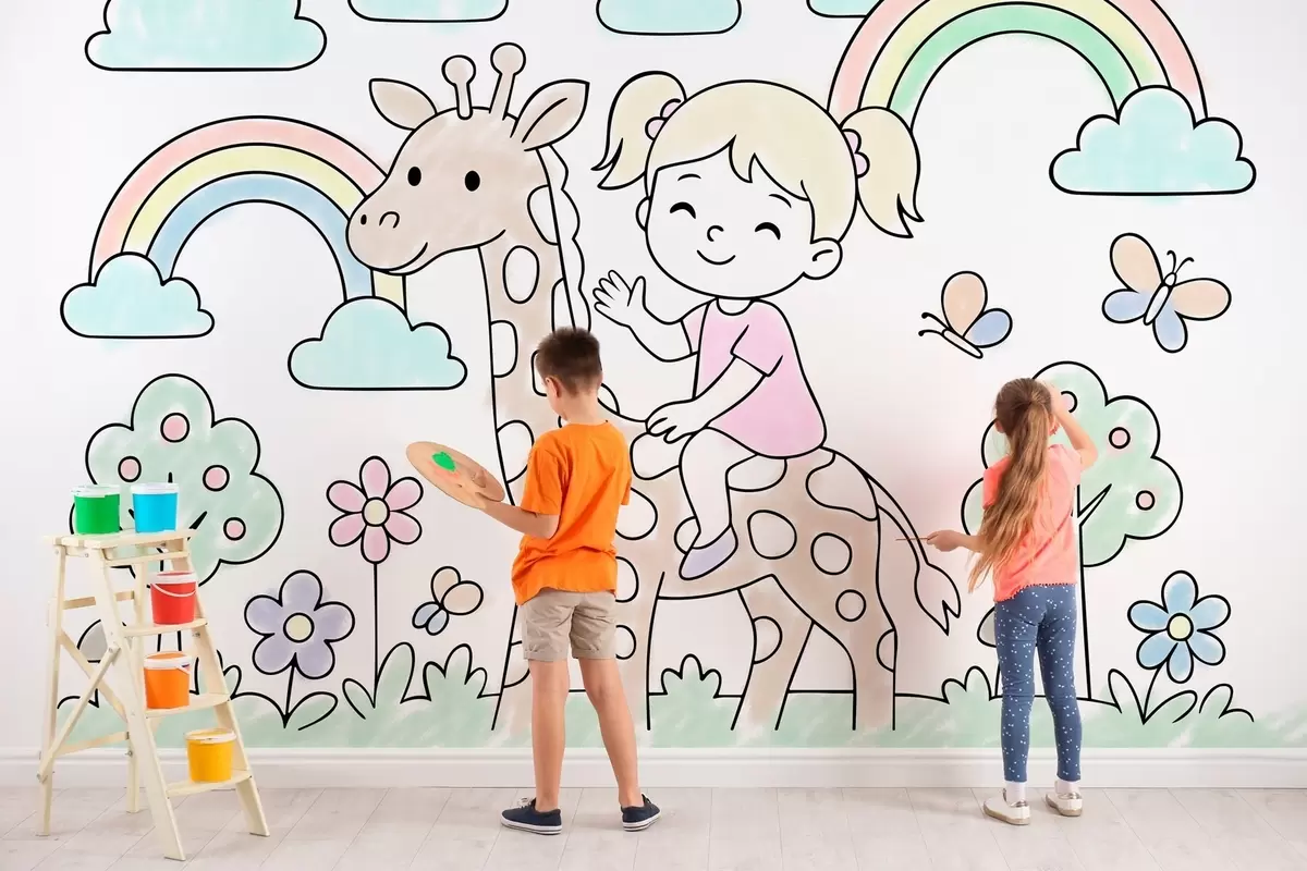 wall murals Девојчица на жирафи у стилу дечје бојанке w04755