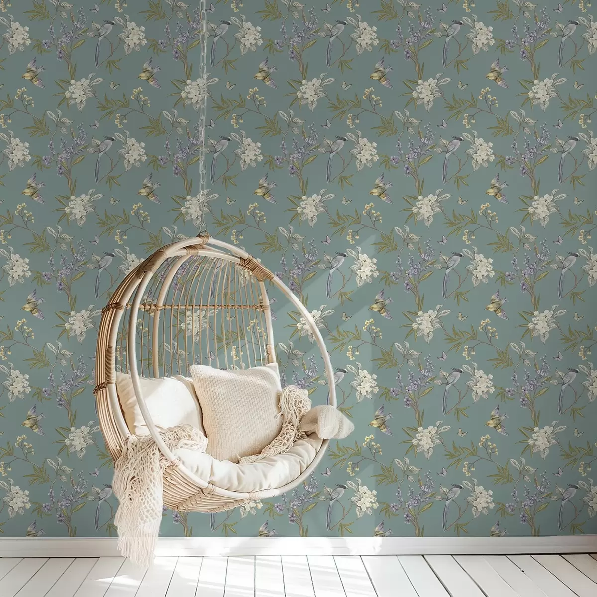 Позадина Птице, цвеће и лептири на плаво-сивој позадини a00735