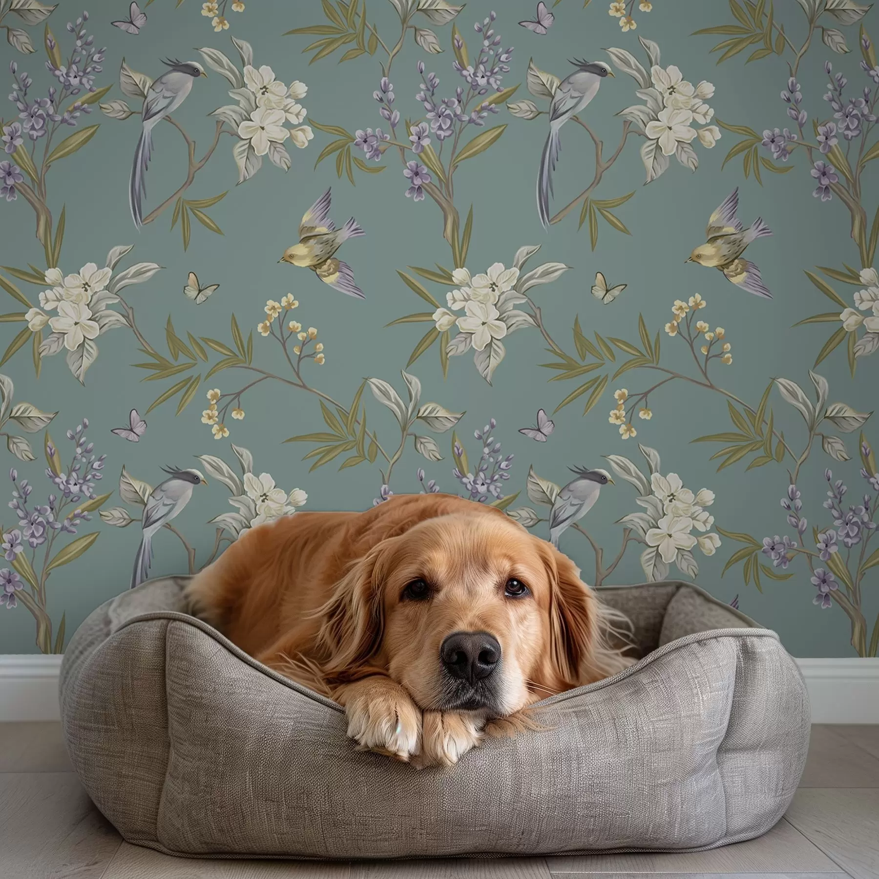 wall murals Птице, цвеће и лептири на плаво-сивој позадини a00735