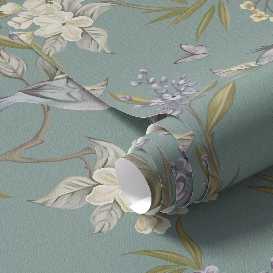 wall murals Птице, цвеће и лептири на плаво-сивој позадини a00735