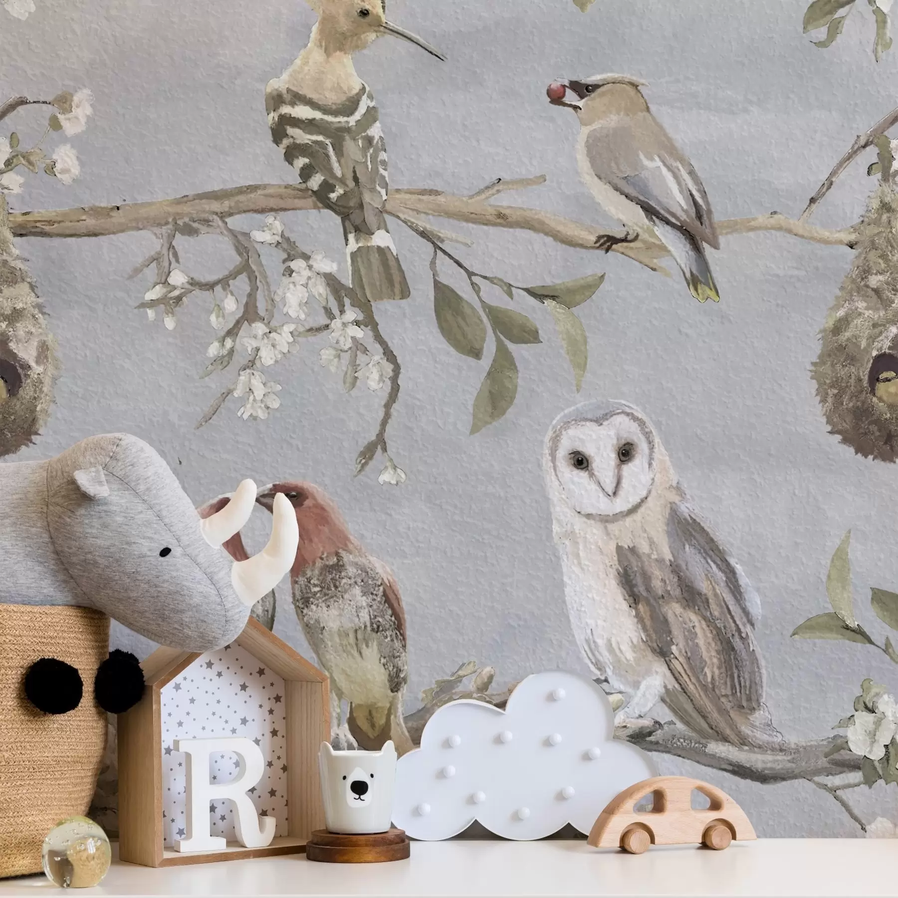 wall murals Птице на гранама са цвећем на сивој позадини a00738