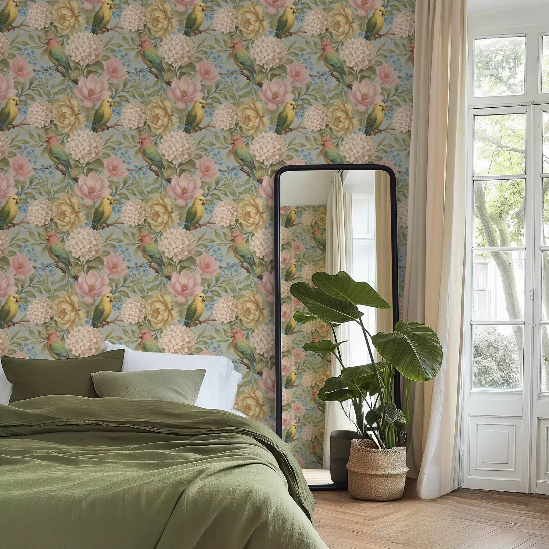 wall murals Папагаји међу божурима, хортензијама и магнолијама a00747