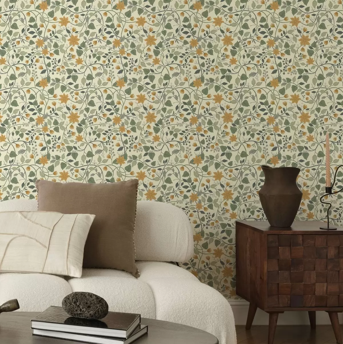 Позадина Пењајуће цветне гране са жутим цвећем и бобицама a00750