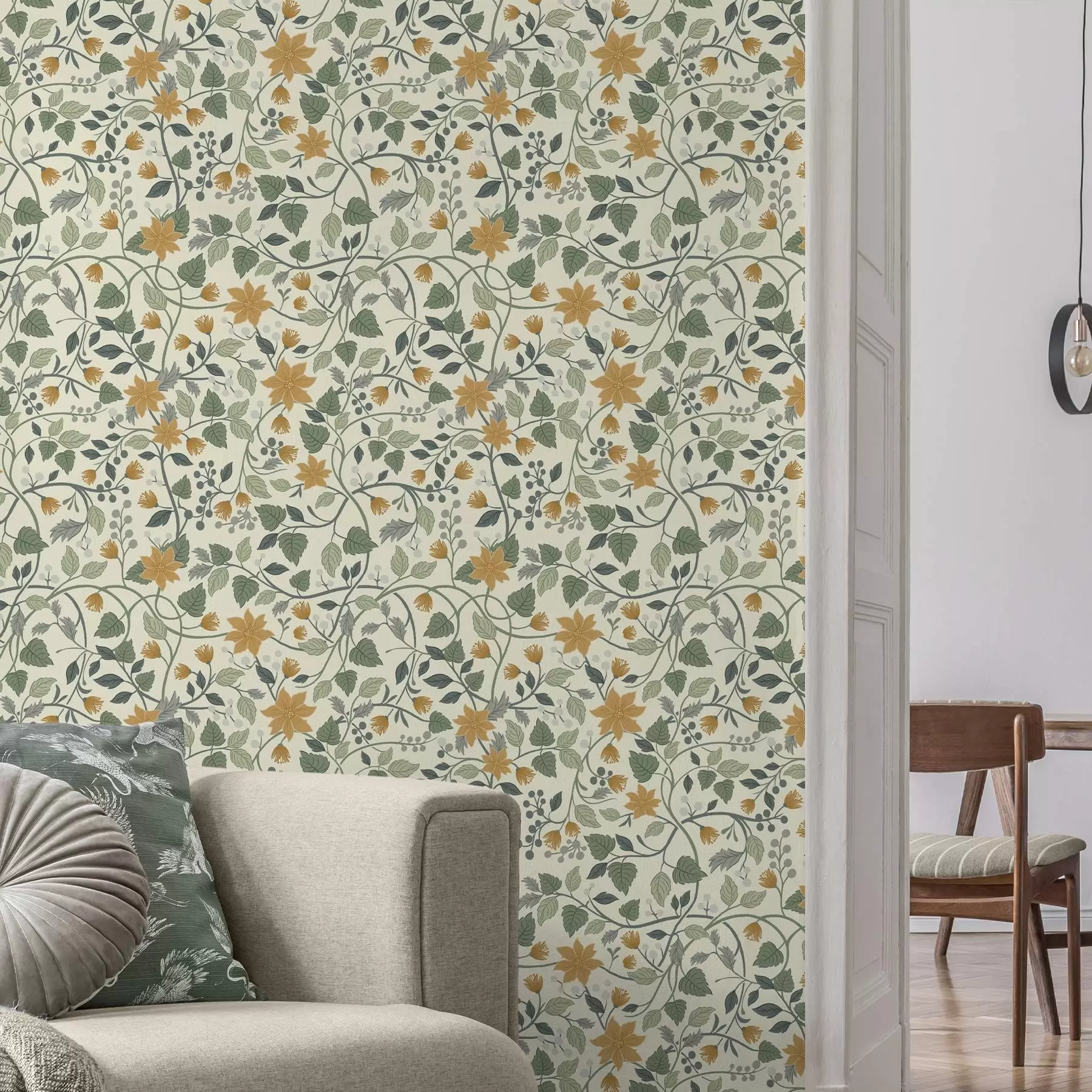 wall murals Пењајуће цветне гране са жутим цвећем и бобицама a00750
