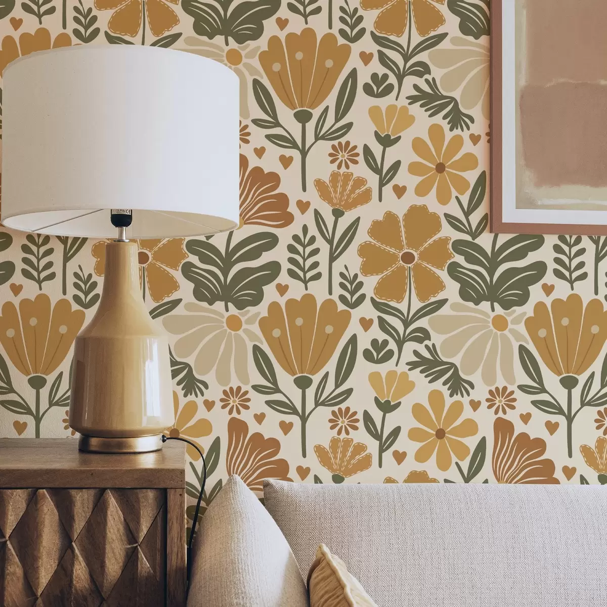 Позадина Стилизовано цвеће у топлим тоновима са срцима a00752