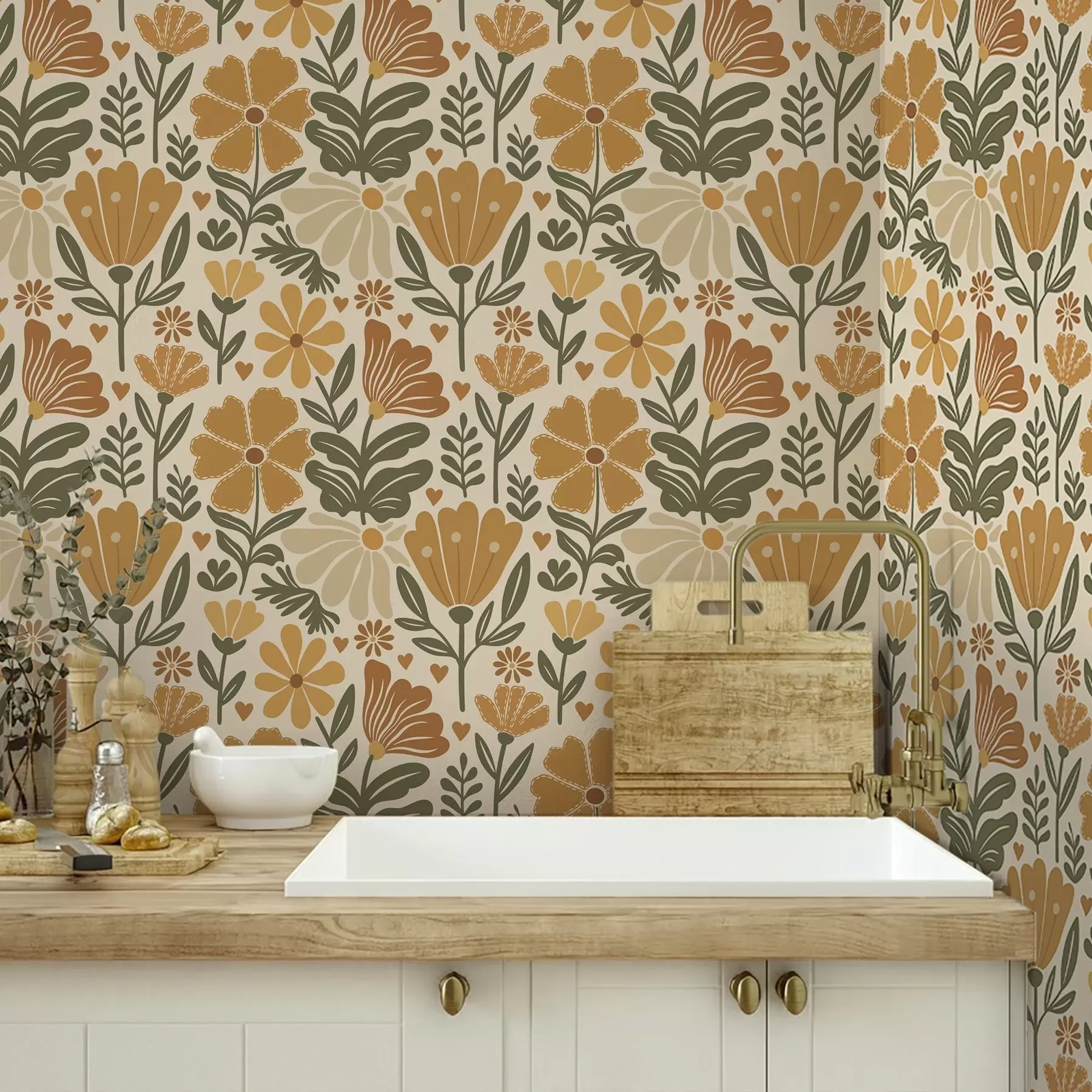 wall murals Стилизовано цвеће у топлим тоновима са срцима a00752