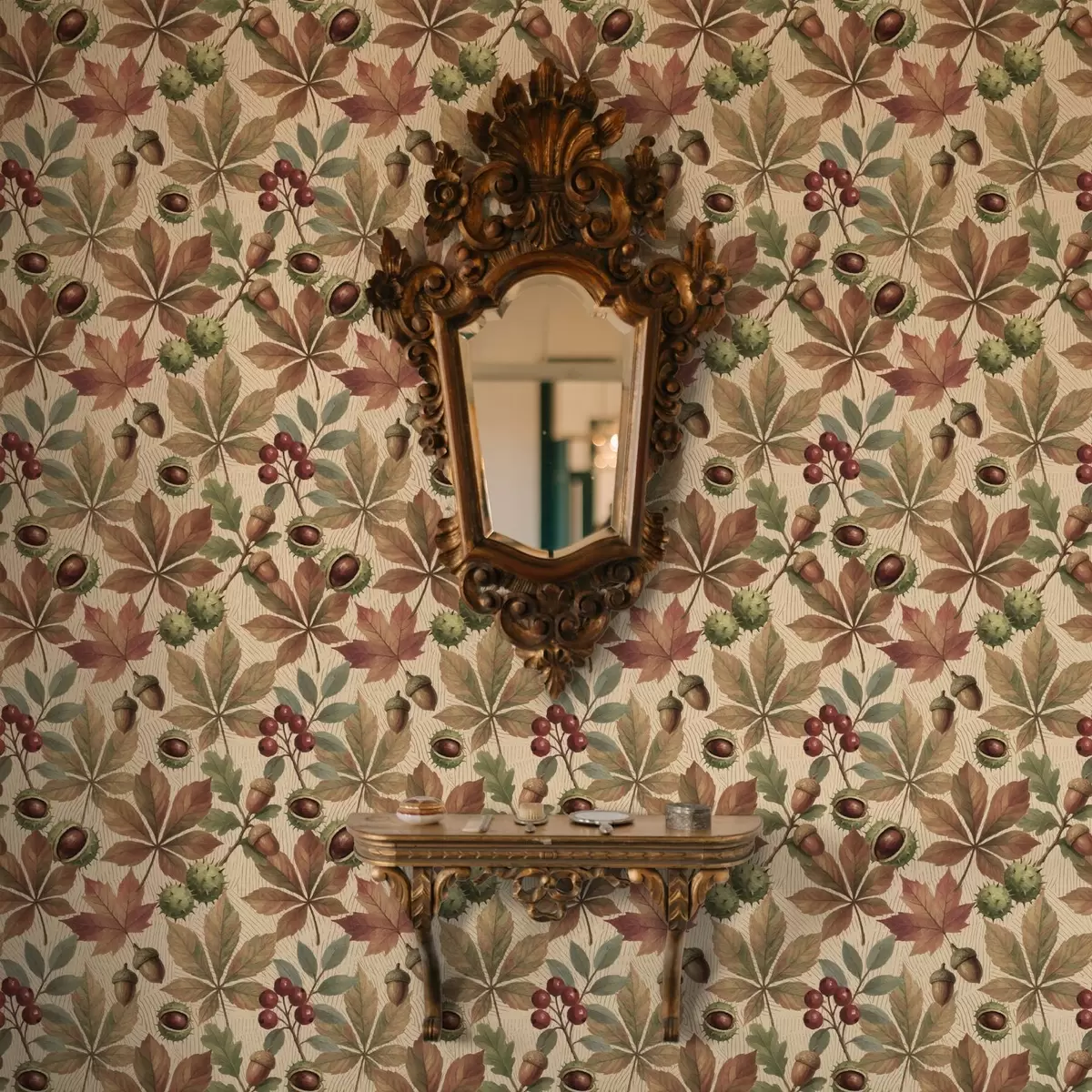 Позадина Јесење лишће, жир и бобице на беж позадини a00754