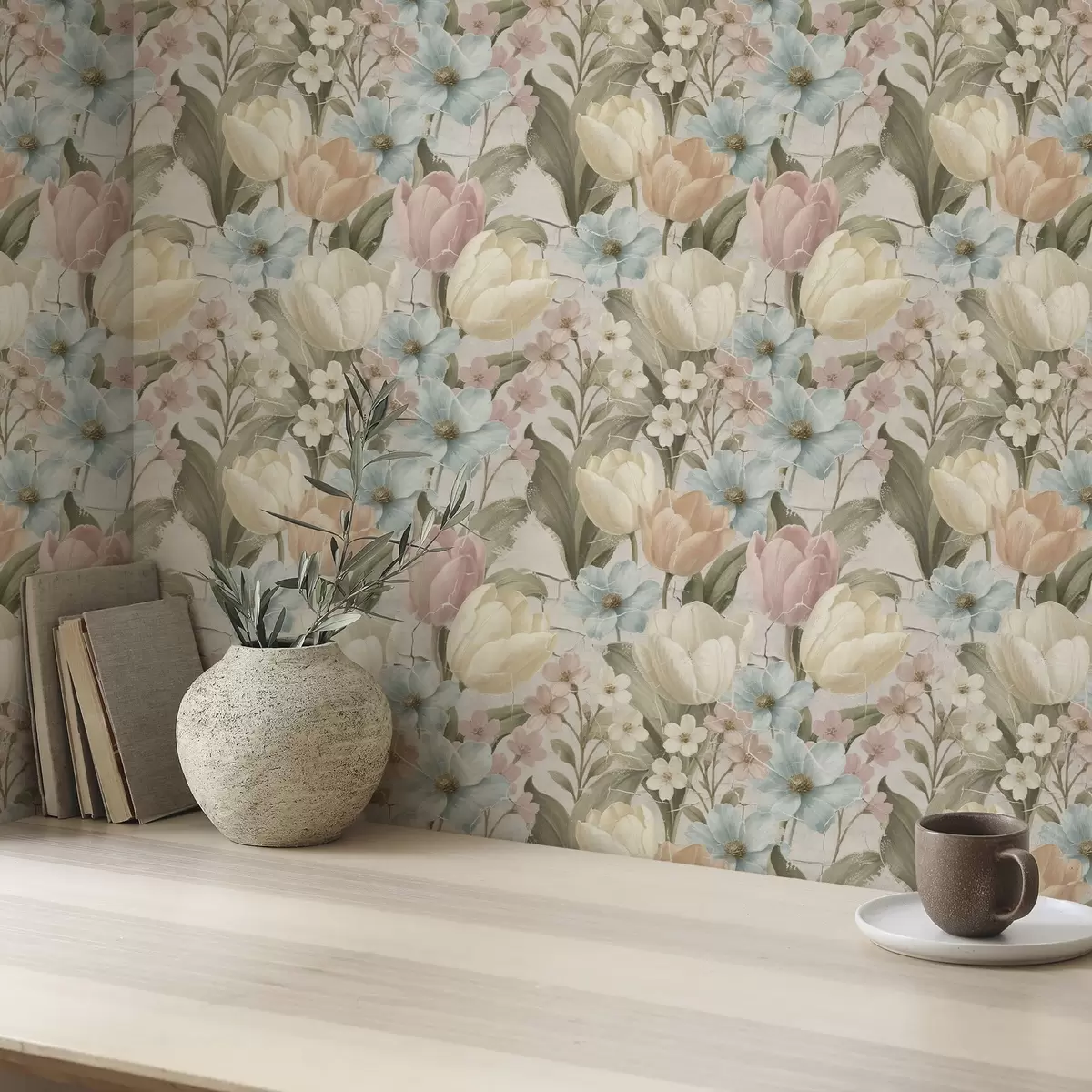 Позадина Пастелни тулипани и цвеће на светло испуцалој позадини a00756