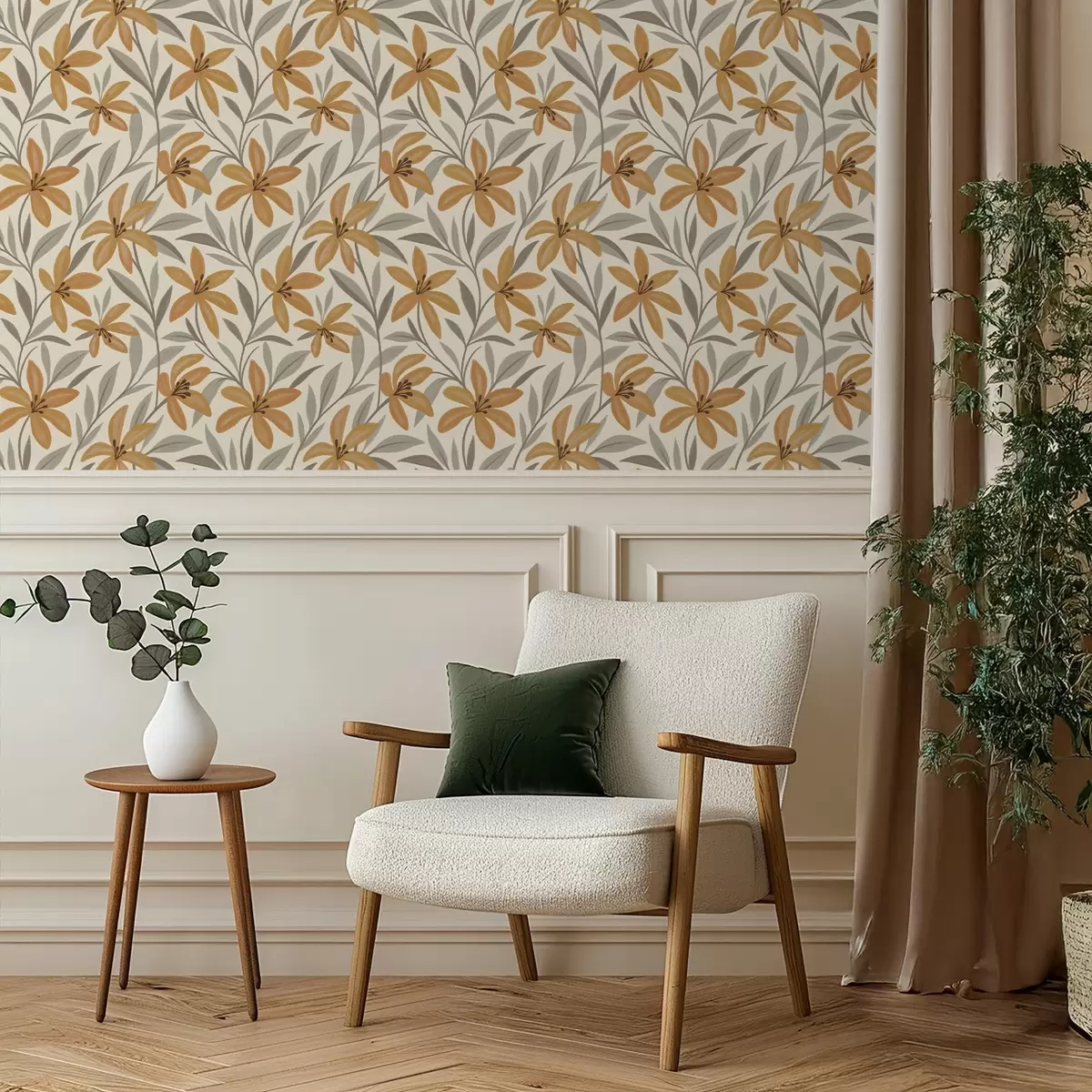 Позадина Жути љиљани и сиво-зелено лишће на светлој позадини a00757