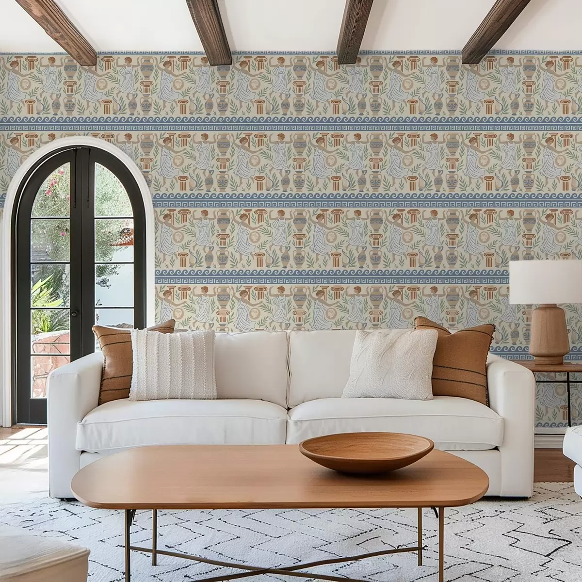 Позадина Старогрчки орнамент са фигурама, вазама и стубовима a00768