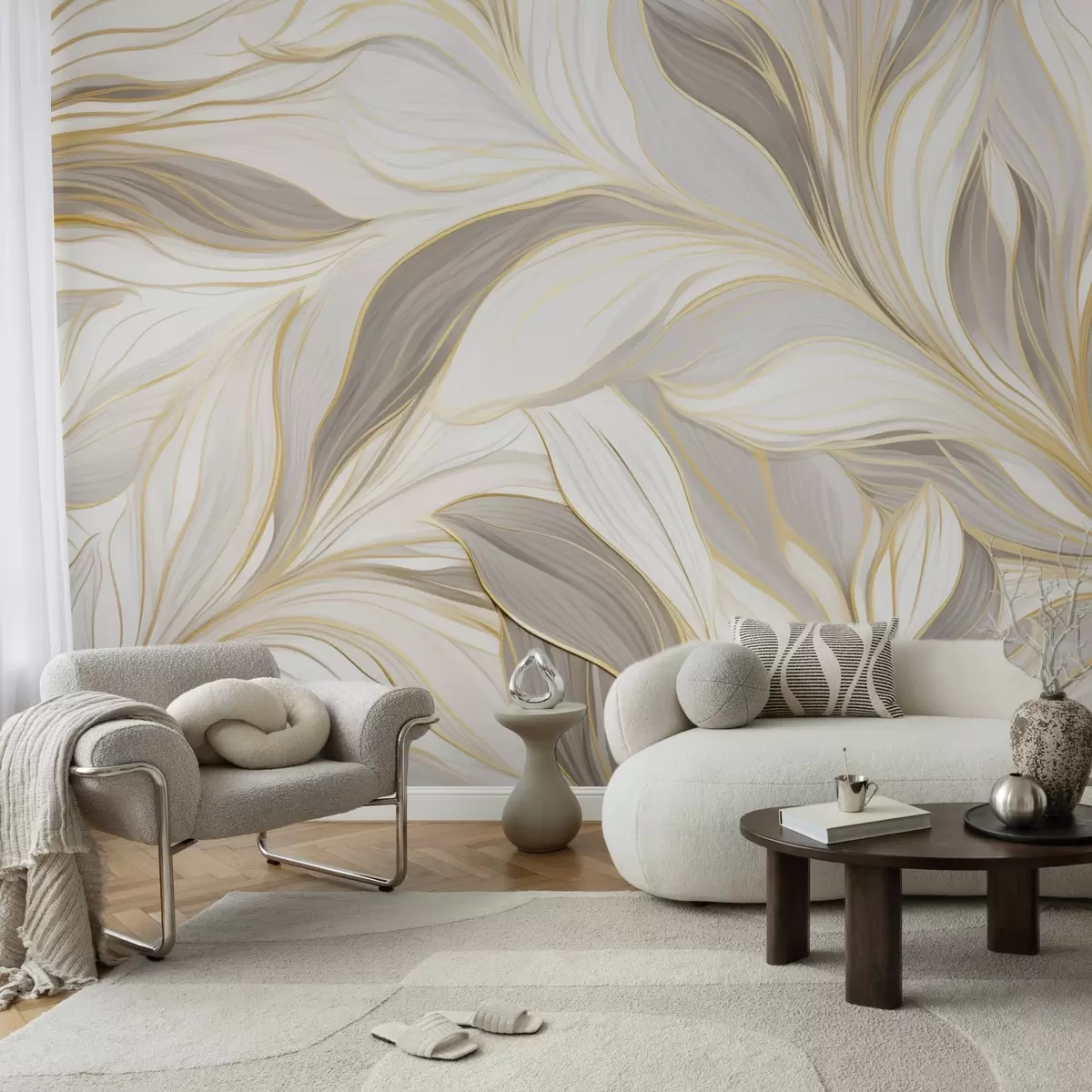 wall murals Листови са глатким кривинама у светло беж-сивим тоновима w04609