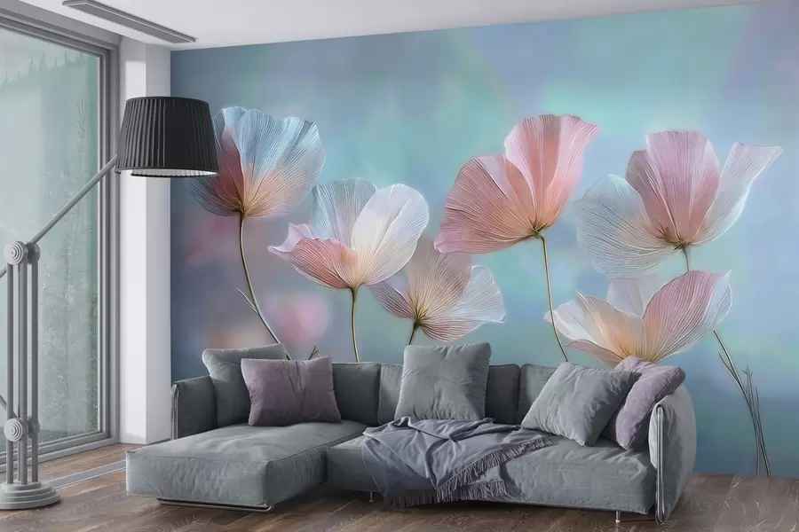 wall murals Прозирне латице у пастелним ружичастим и плавим тоновима w04621