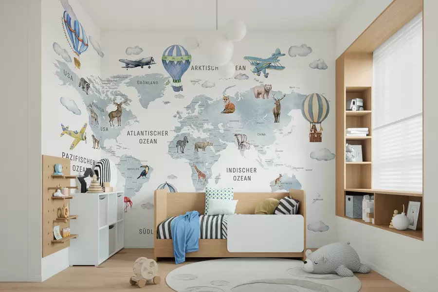 wall murals Мапа у акварелном стилу за децу са животињама и балонима на врући ваздух. Немачки језик. Плава боја. c00001dev1