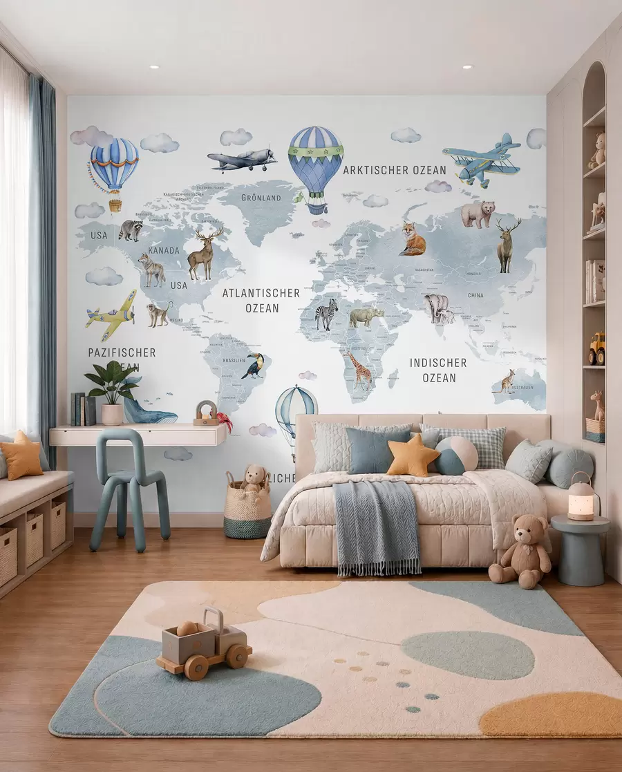 wall murals Мапа у акварелном стилу за децу са животињама и балонима на врући ваздух. Немачки језик. Плава боја. c00001dev1