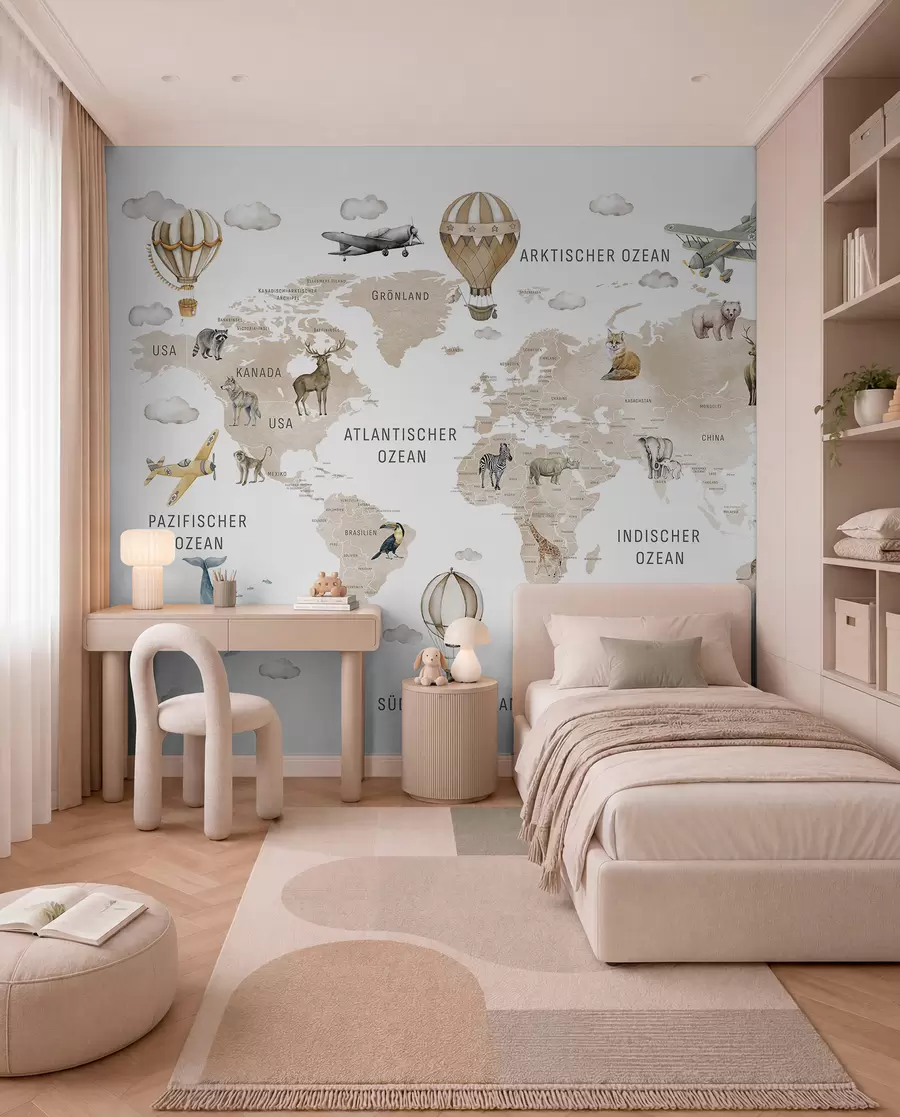 wall murals Мапа у акварелном стилу за децу са животињама и балонима на врући ваздух. Немачки језик. Беж боја. c00001dev2