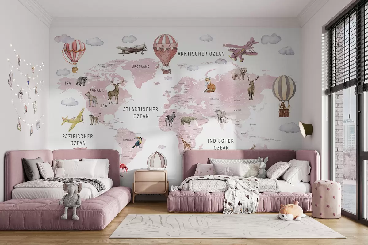 wall murals Дечја мапа у акварел стилу са животињама и балонима на врући ваздух. Немачки језик. Ружичаста боја. c00001dev3