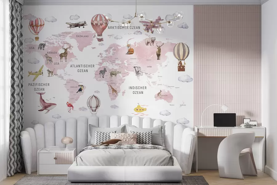 wall murals Дечја мапа у акварел стилу са животињама и балонима на врући ваздух. Немачки језик. Ружичаста боја. c00001dev3