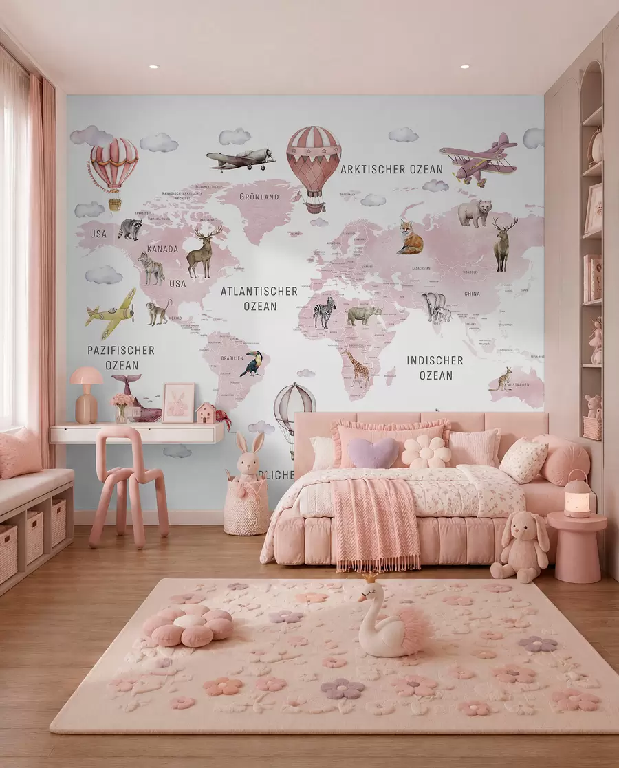 wall murals Мапа у акварелном стилу за децу са животињама и балонима на врући ваздух. Немачки језик. Ружичаста боја. c00001dev3