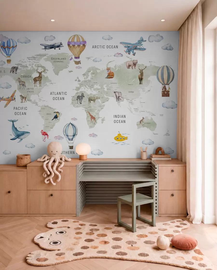 wall murals Мапа у акварелном стилу за децу са животињама и балонима на врући ваздух. Енглески језик. Зелена боја. c00001en