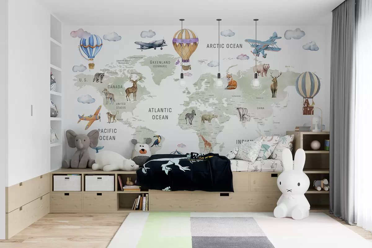 wall murals Дечја мапа у акварел стилу са животињама и балонима на врући ваздух. Енглески језик. Зелена боја. c00001en