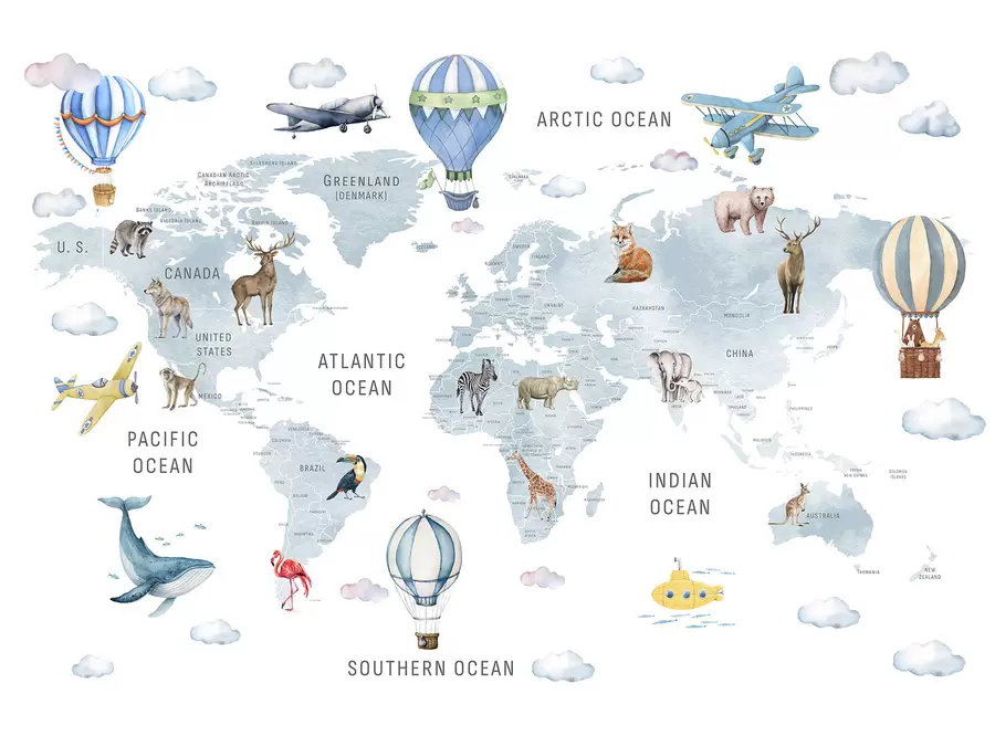 wall murals Мапа у акварелном стилу за децу са животињама и балонима на врући ваздух. Енглески језик. Плава боја. c00001env1