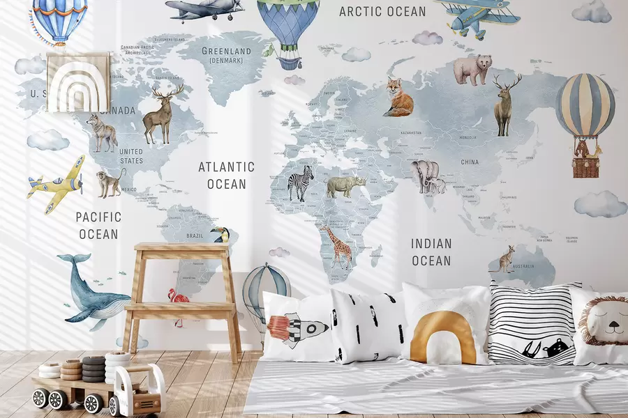wall murals Дечја мапа у акварел стилу са животињама и балонима на врући ваздух. Енглески језик. Плава боја c00001env1